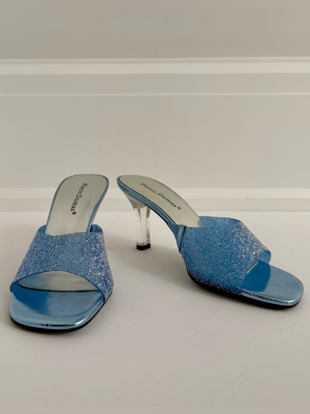 Pierre Dumas Blue Glitter Square Toe Clear Lucite Heel Mules  - Size 6